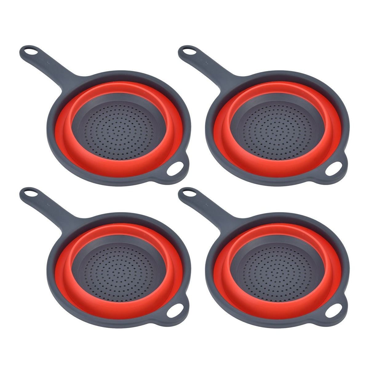 4PCS Collapsible Colander set in red and dark gray plastic, with perforated bowls and handles with hanging holes