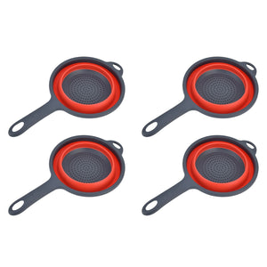 4PCS Collapsible Colander set in red and dark gray plastic, with perforated bowls, long handles and hanging holes