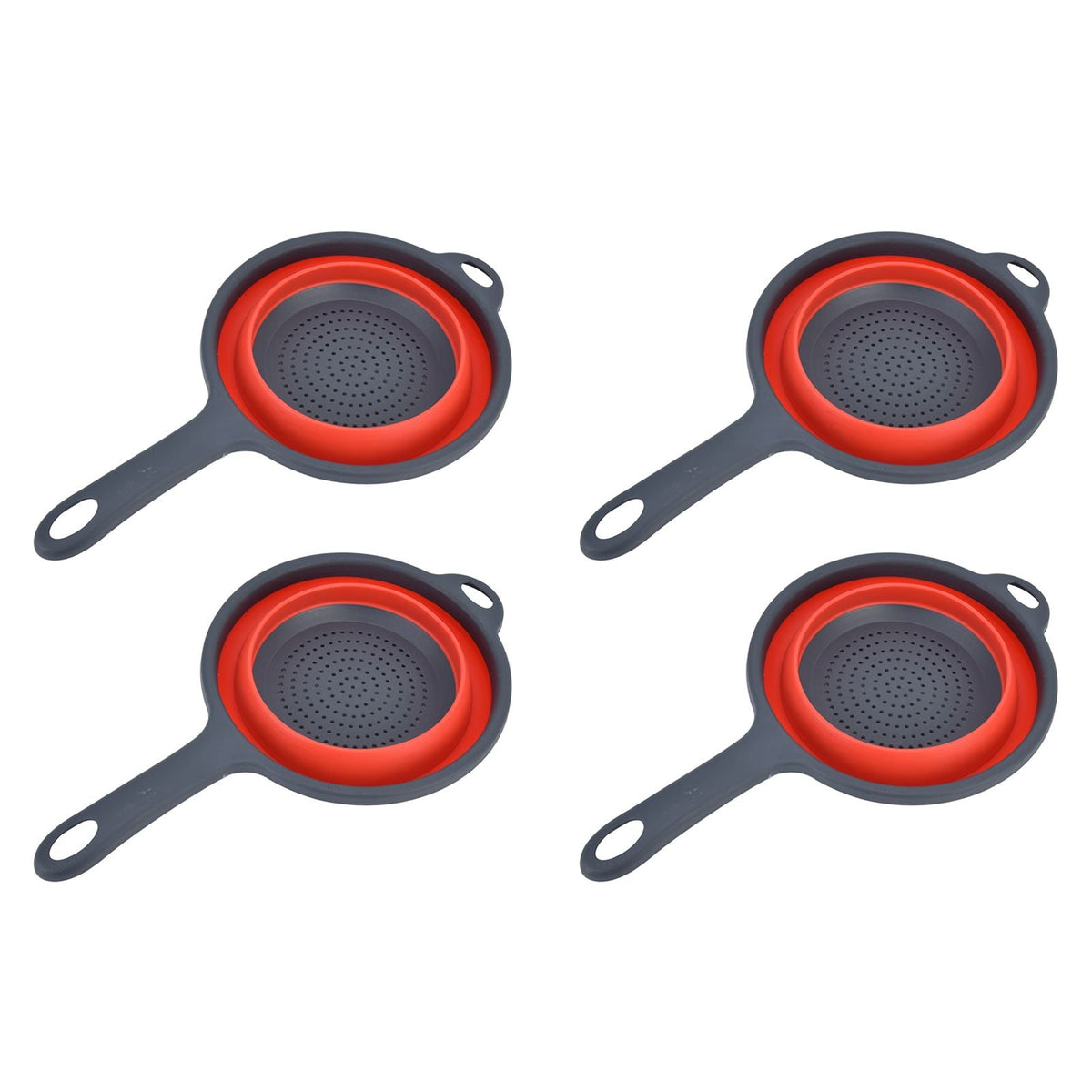 4PCS Collapsible Colander set in red and dark gray plastic, with perforated bowls, long handles and hanging holes