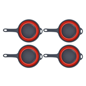 4PCS Collapsible Colander set in charcoal grey plastic with bright red folding rims, long handles and hanging holes