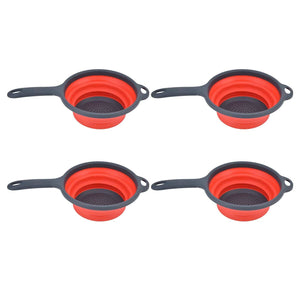 4PCS Collapsible Colander set with four red plastic bowls, dark gray handles and perforated bases for draining food