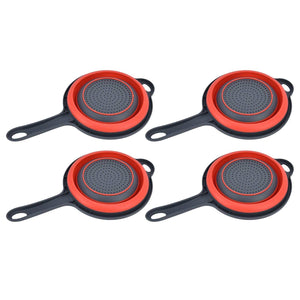 4PCS Collapsible Colander set in red and dark gray plastic, each with a long handle, perforated center and hanging hole
