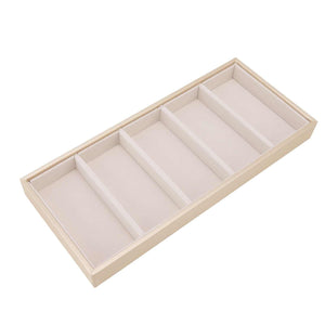 5 grid glasses case with a beige leather exterior and pale lined interior, divided into five long rectangular compartments