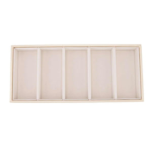 5 grid glasses case with a beige leather-look frame and five soft-lined rectangular compartments in a slim tray design