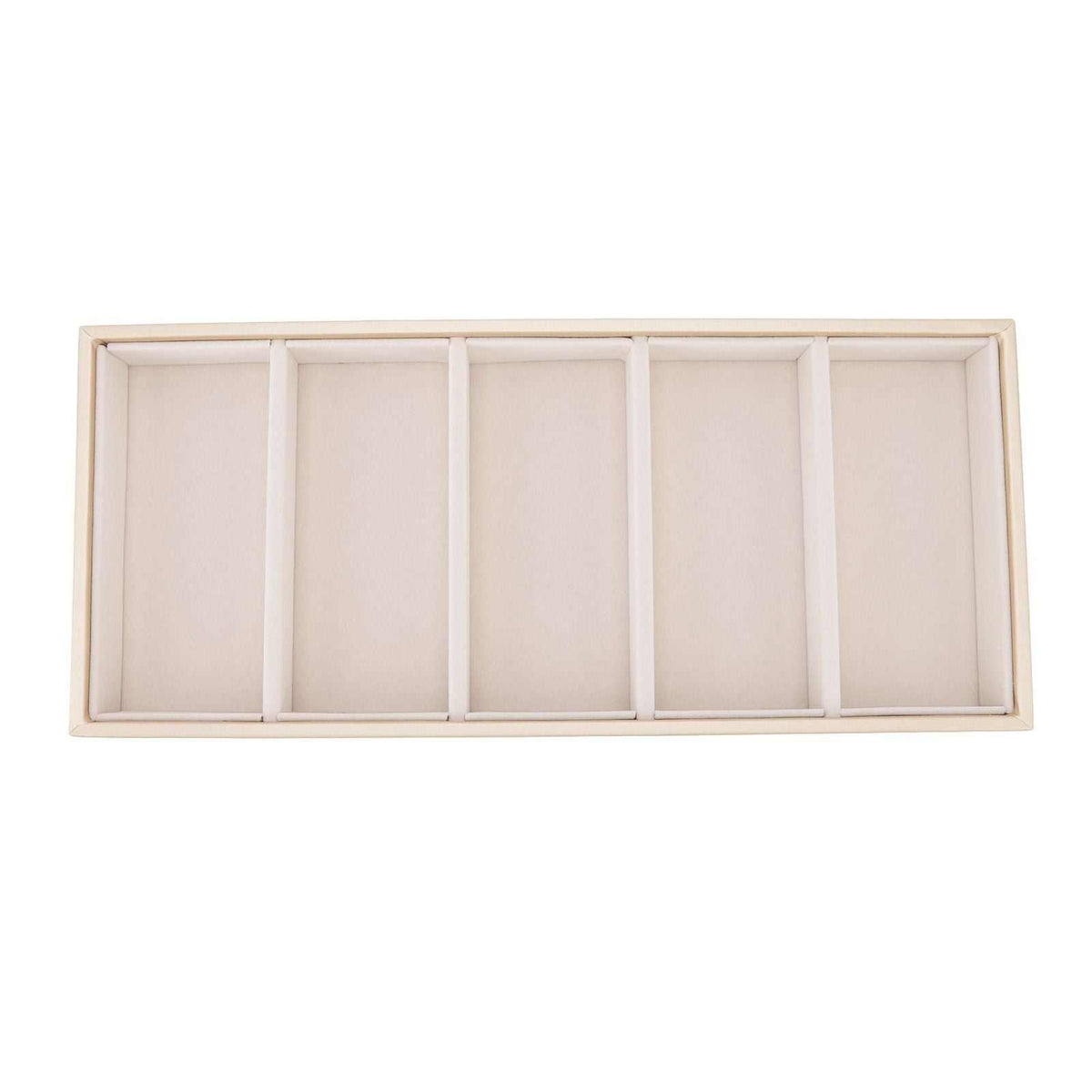 5 grid glasses case with a beige leather-look frame and five soft-lined rectangular compartments in a slim tray design