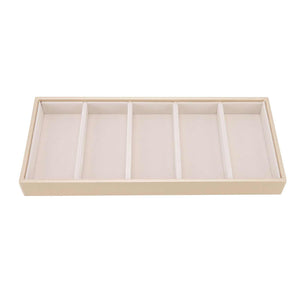 5 grid glasses case with a beige leather-look exterior and five separate lined compartments for storing eyewear