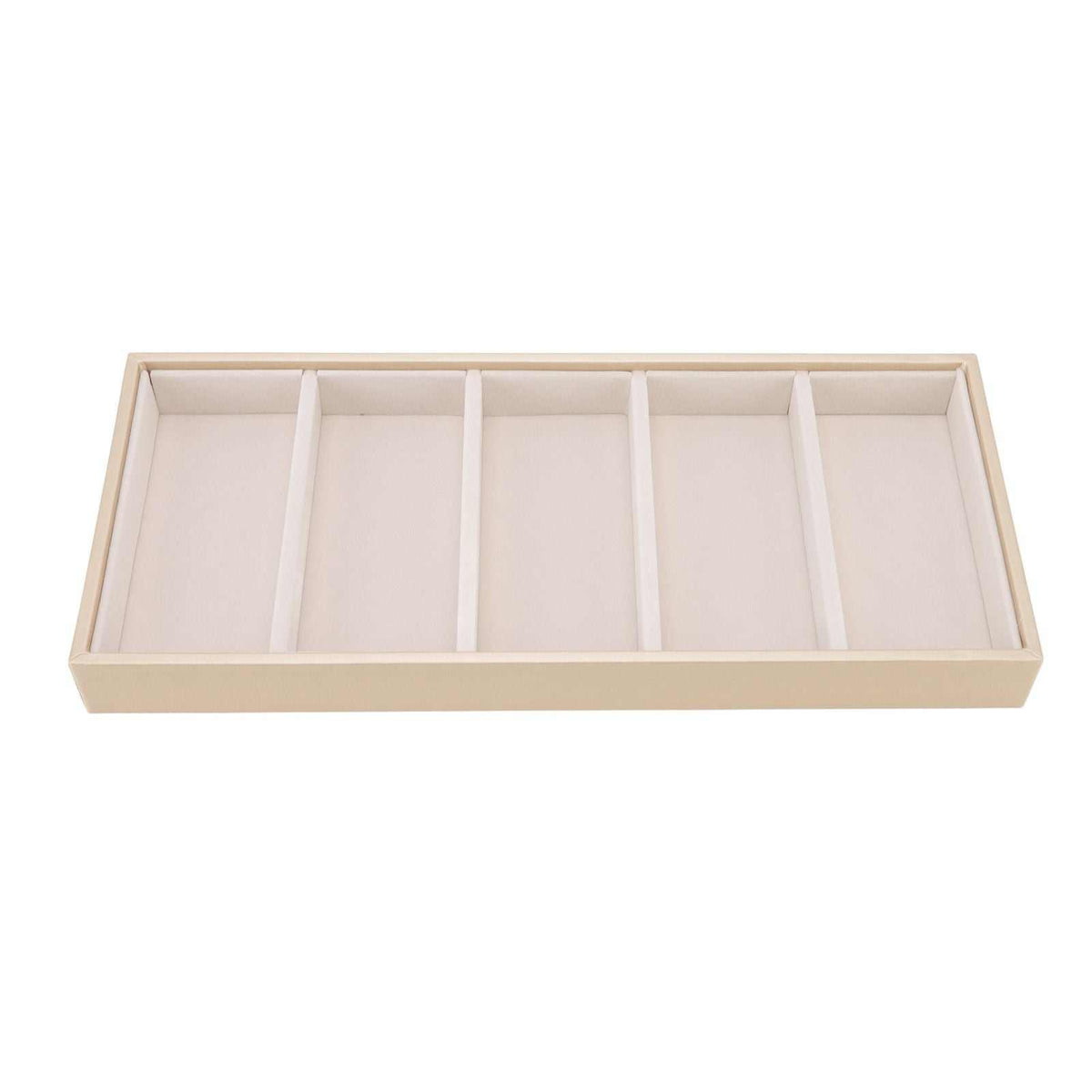 5 grid glasses case with a beige leather-look exterior and five separate lined compartments for storing eyewear