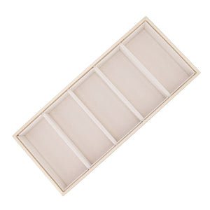 5 grid glasses case with a pale beige leather exterior and five padded rectangular compartments divided by raised borders