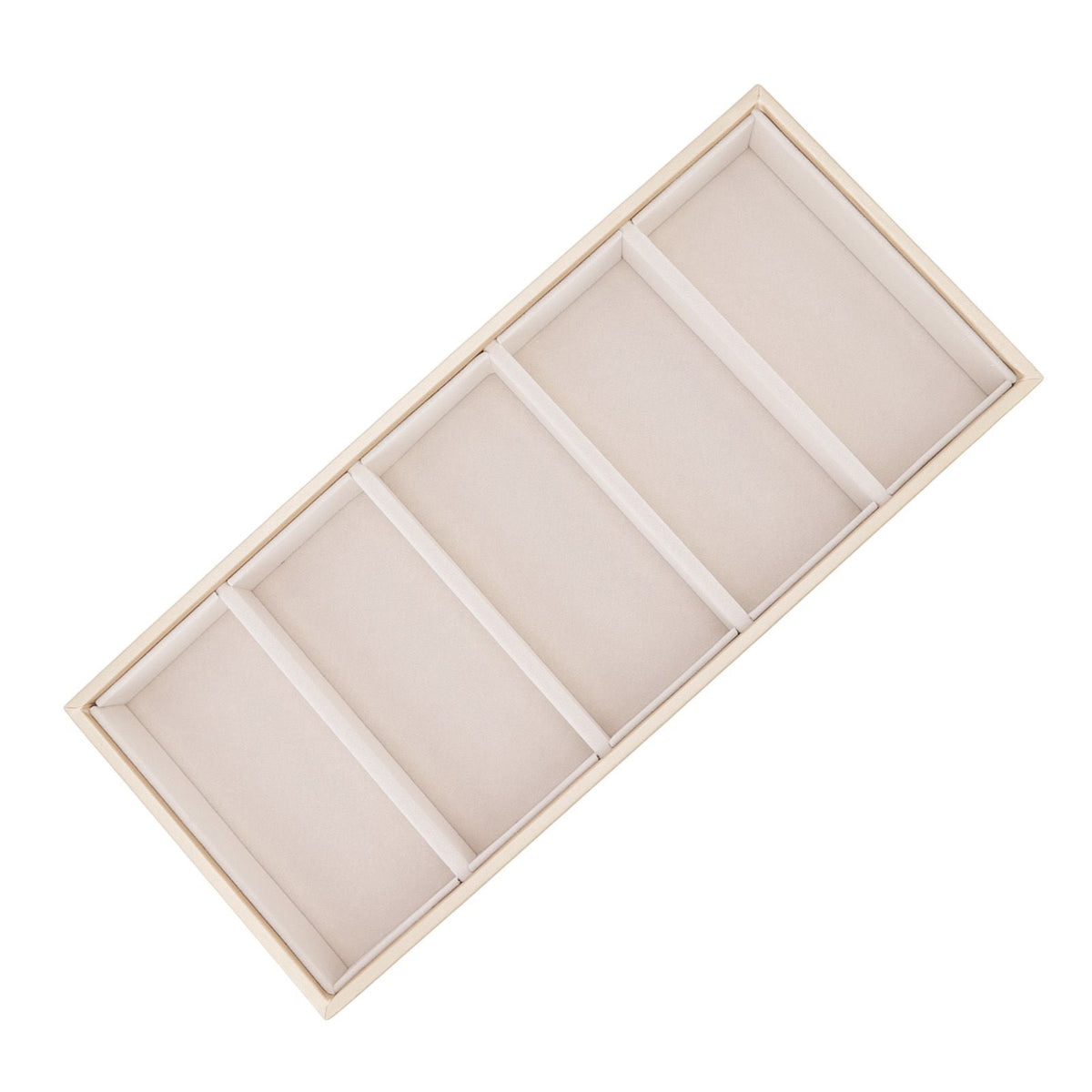 5 grid glasses case with a pale beige leather exterior and five padded rectangular compartments divided by raised borders