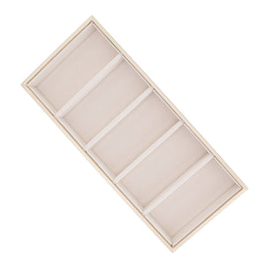 5 grid glasses case with a beige leather exterior and five pale lined compartments separated by slim dividers