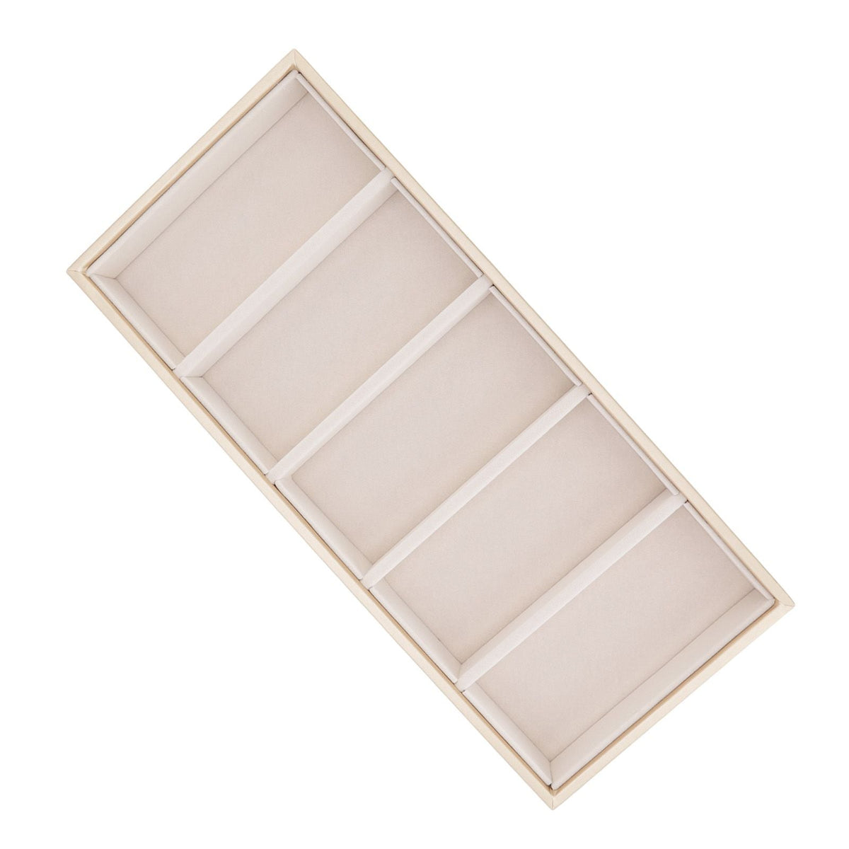 5 grid glasses case with a beige leather exterior and five pale lined compartments separated by slim dividers