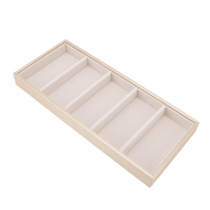 5 grid glasses case in beige leather and MDF, featuring five long padded compartments with raised dividers