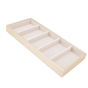 5 grid glasses case with five open compartments, finished in beige leather with a smooth, softly lined interior