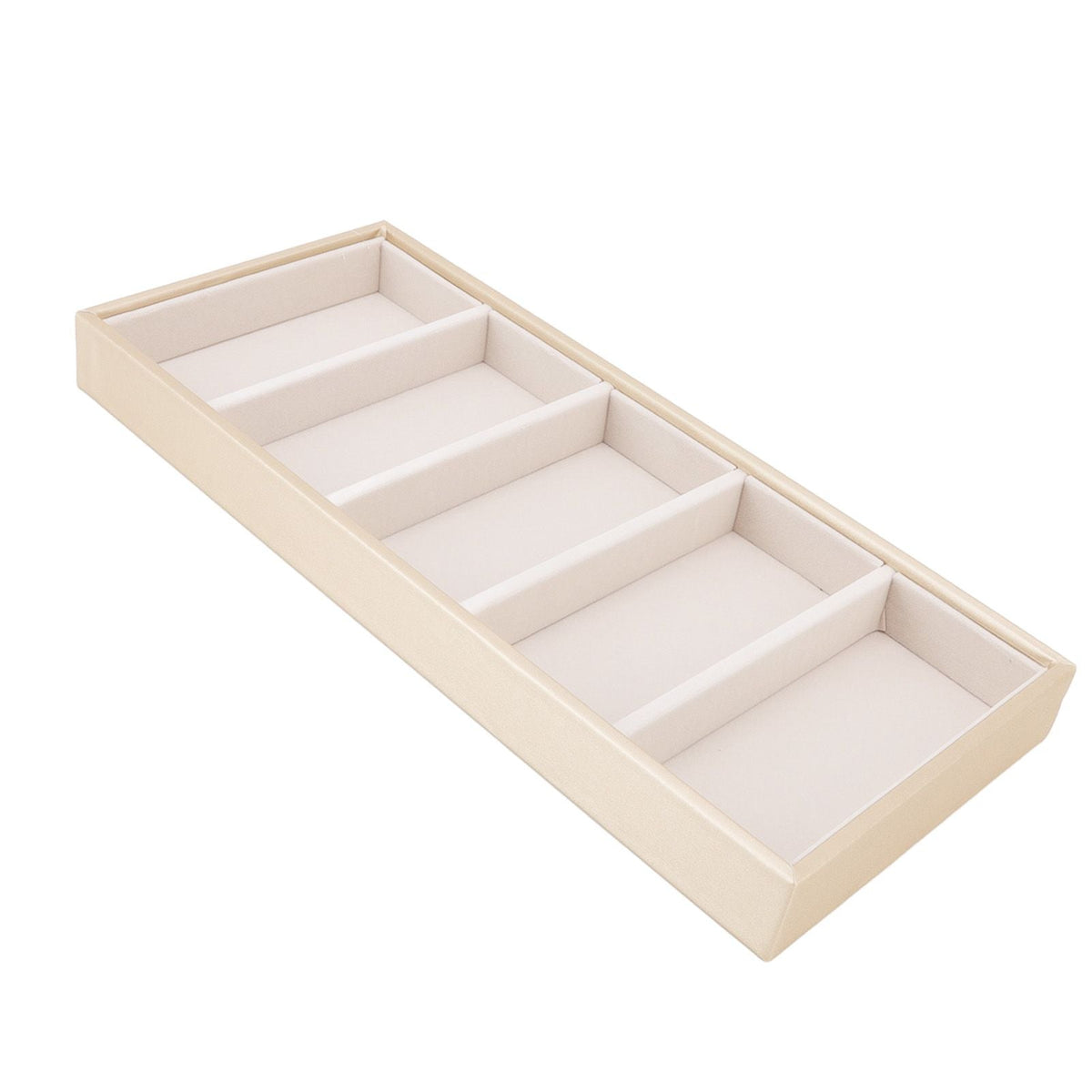 5 grid glasses case with five open compartments, finished in beige leather with a smooth, softly lined interior