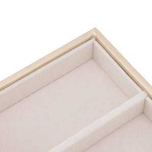 5 grid glasses case in beige leather with a padded interior and raised dividers forming separate storage compartments