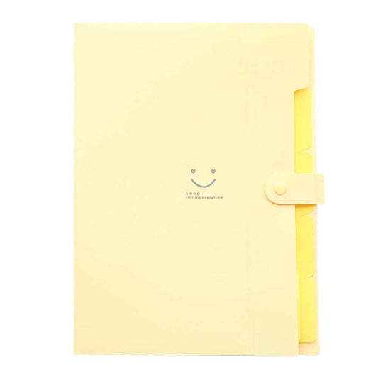 5 Pocket Expanding File Folder in pale yellow plastic with a smooth cover, accordion edges and snap closure
