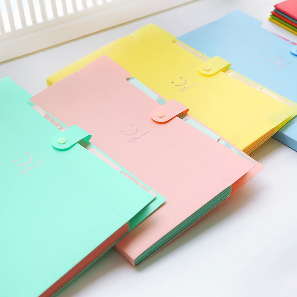 5 Pocket Expanding File Folder in pastel mint, pink and yellow PP plastic with accordion sides and snap closures