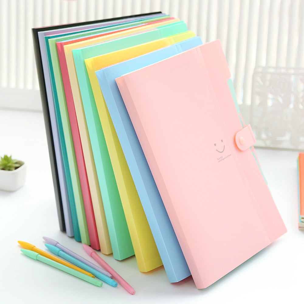 5 Pocket Expanding File Folder in pastel pink PP plastic, with colourful accordion sections and a snap closure