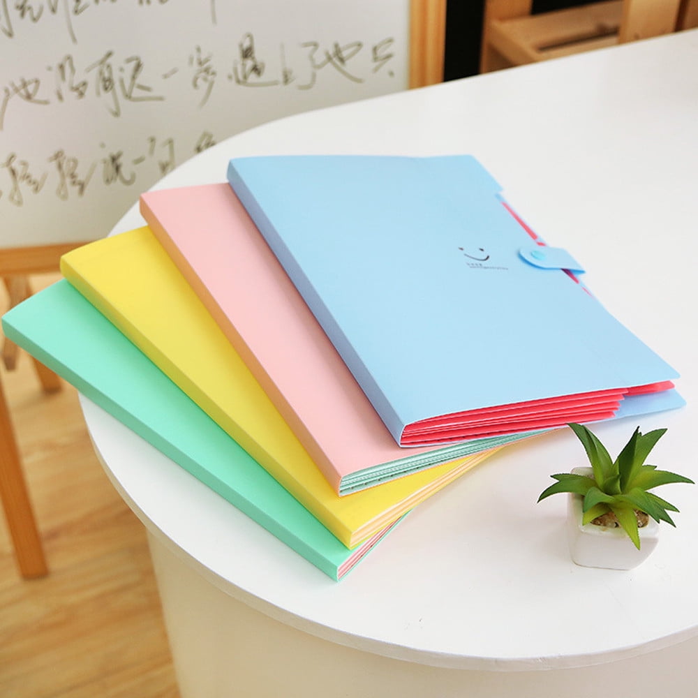 5 Pocket Expanding File Folder made of smooth plastic in pastel blue, pink, yellow and mint, with accordion edges and snap closure