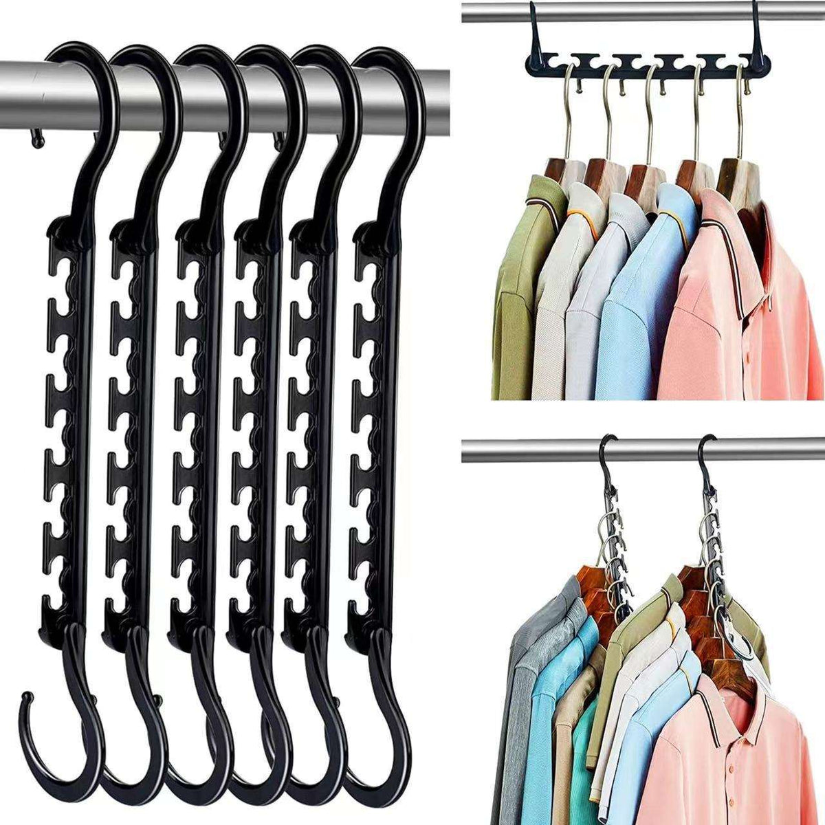 5-Tier Black Stainless Steel Pants Rack with glossy black metal rails and hooks, shown beside cascading hangers holding shirts.