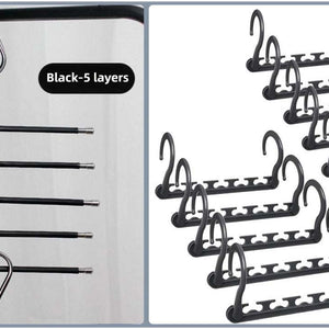 5-Tier Black Stainless Steel Pants Rack with five black rods, beside a set of black cascading hangers with swivel hooks