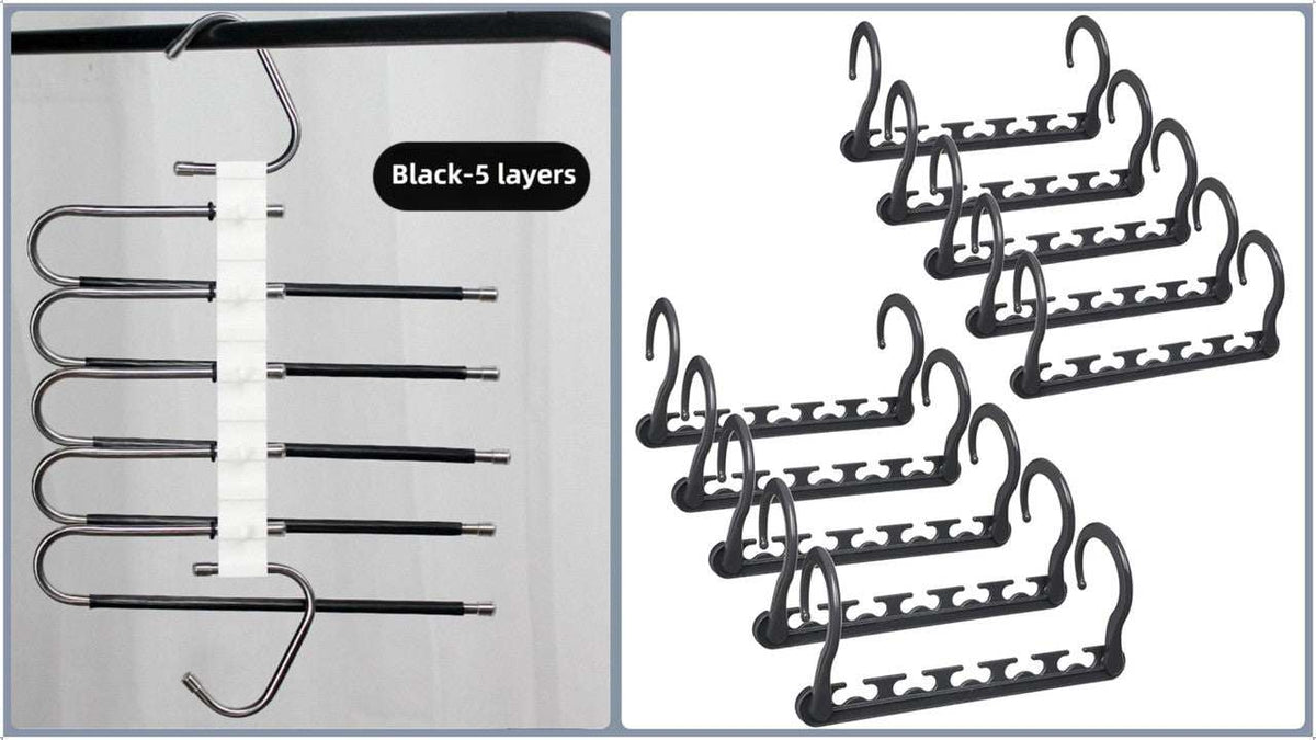 5-Tier Black Stainless Steel Pants Rack with five black rods, beside a set of black cascading hangers with swivel hooks