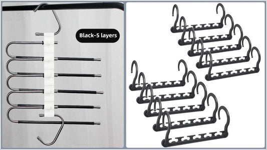 5-Tier Black Stainless Steel Pants Rack with five black rods, beside a set of black cascading hangers with swivel hooks
