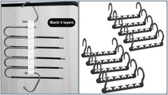 Wardrobe Organisation Bundle – 5-Tier Stainless Steel Pants Rack & 10 Cascading Hangers (Black)