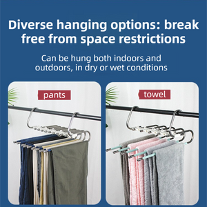 5-Tier Black Stainless Steel Pants Rack with curved hooks and sliding rods holding trousers or folded towels.