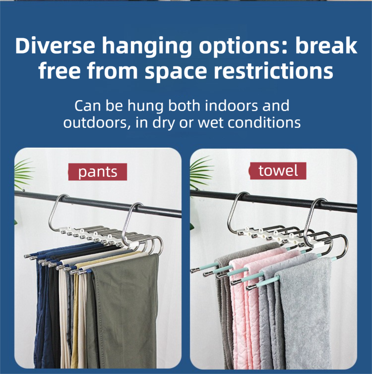 5-Tier Black Stainless Steel Pants Rack with curved hooks and sliding rods holding trousers or folded towels.