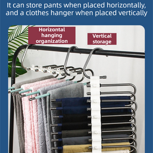 5-Tier Black Stainless Steel Pants Rack with black metal bars, white connector strip and dual hooks for vertical or horizontal hanging