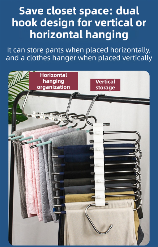 5-Tier Black Stainless Steel Pants Rack with black metal bars, white connector strip and dual hooks for vertical or horizontal hanging