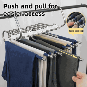 5-Tier Black Stainless Steel Pants Rack with chrome-finished pull-out rods, non-slip caps and trousers hanging neatly.