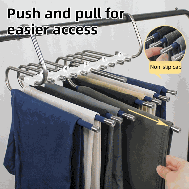 5-Tier Black Stainless Steel Pants Rack with chrome-finished pull-out rods, non-slip caps and trousers hanging neatly.