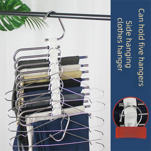 5-Tier Black Stainless Steel Pants Rack with a vertical frame, five metal rods and assorted trousers hanging on each tier.