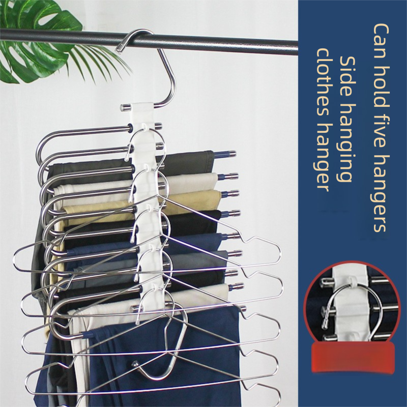 5-Tier Black Stainless Steel Pants Rack with a vertical frame, five metal rods and assorted trousers hanging on each tier.