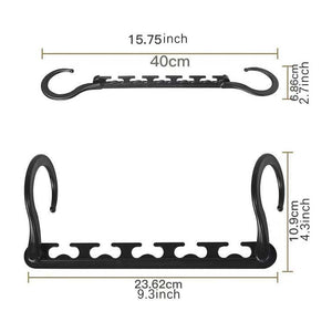 5-Tier Sliver Stainless Steel Pants Rack shown as a black multi-slot hanger with two curved hooks and measurement labels