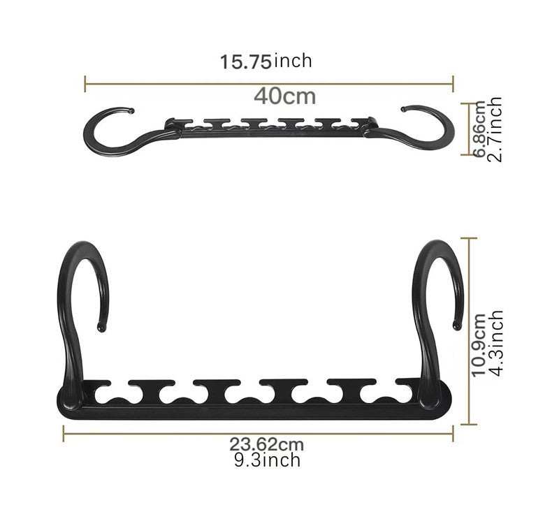 5-Tier Sliver Stainless Steel Pants Rack shown as a black multi-slot hanger with two curved hooks and measurement labels