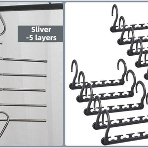 5-Tier Sliver Stainless Steel Pants Rack in silver metal with five pull-out rods, shown alongside black cascading hangers