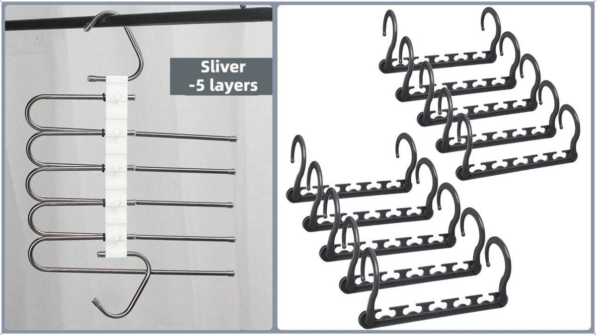 5-Tier Sliver Stainless Steel Pants Rack in silver metal with five pull-out rods, shown alongside black cascading hangers