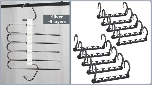 5-Tier Sliver Stainless Steel Pants Rack in silver metal with five pull-out rods, shown alongside black cascading hangers
