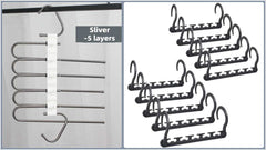 Wardrobe Organisation Bundle – 5-Tier Stainless Steel Pants Rack & 10 Cascading Hangers (Silver)