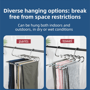 5-Tier Sliver Stainless Steel Pants Rack in silver metal with multiple pull-out rods, shown holding trousers and towels.