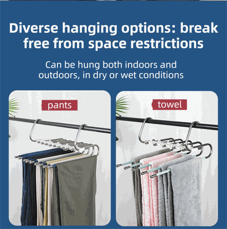 5-Tier Sliver Stainless Steel Pants Rack in silver metal with multiple pull-out rods, shown holding trousers and towels.