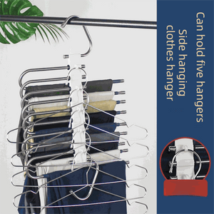 5-Tier Sliver Stainless Steel Pants Rack with silver metal arms holding five pairs of folded trousers on a hanger