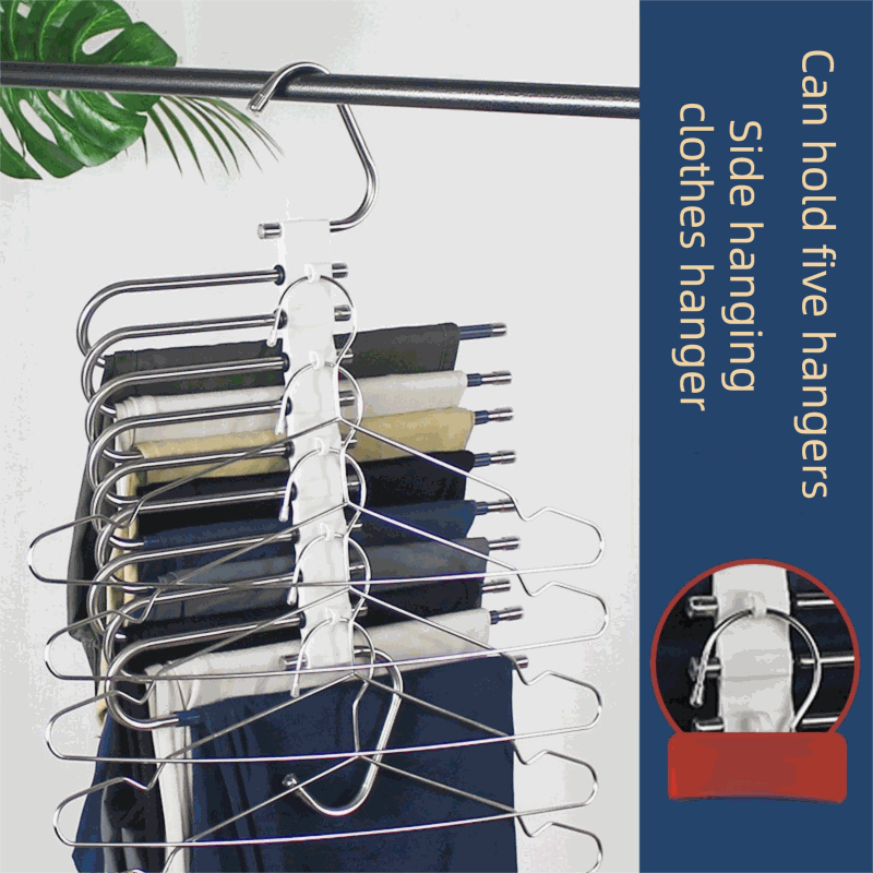 5-Tier Sliver Stainless Steel Pants Rack with silver metal arms holding five pairs of folded trousers on a hanger