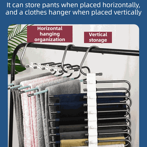 5-Tier Sliver Stainless Steel Pants Rack in silver metal, shown holding trousers vertically beside clothes on horizontal hooks