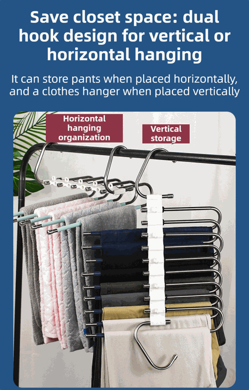 5-Tier Sliver Stainless Steel Pants Rack in silver metal, shown holding trousers vertically beside clothes on horizontal hooks