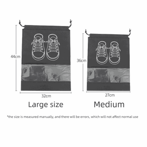 50-Pack Shoe Storage Bags in black non-woven fabric, with clear windows, drawstring closures and shoe illustrations in two sizes