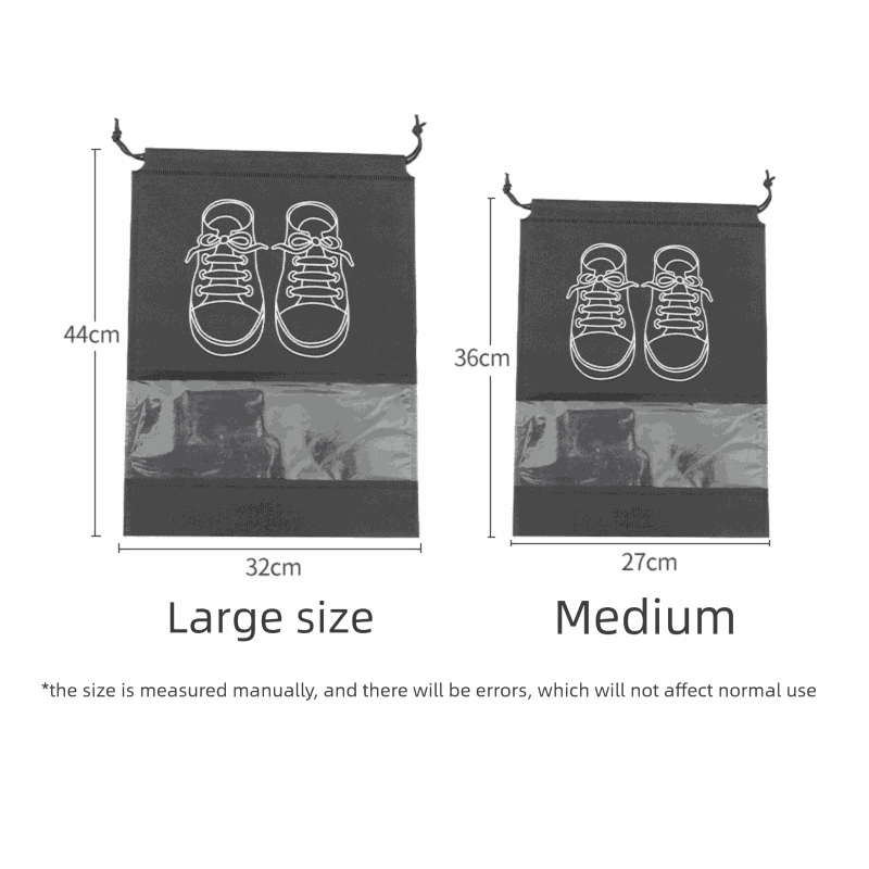 50-Pack Shoe Storage Bags in black non-woven fabric, with clear windows, drawstring closures and shoe illustrations in two sizes